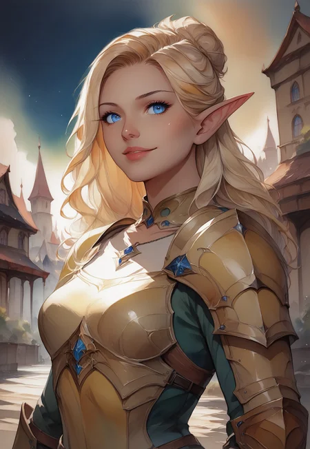 safe_pos, safe_pos, score_9, score_8_up, score_7_up, blonde hair, long hair, small breasts, blue eyes, detailed eyes, perfect eyes, detailed face, perfect face, looking at the viewer, dynamic pose, village, buildings, smile, yellow armor, massive armor, lips closed, gauntlet, holding a shield, massive yellow shield, upper body shot, tall woman, detailed background, watercolor painting, traditional media, Elf, pointed ears,