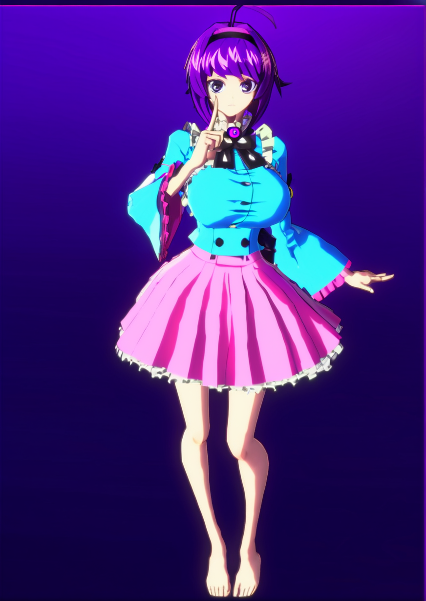 1girl, komeiji satori, huge breast, black hairband, blouse, blue shirt, breasts, buttons, closed mouth, dark background, expressionless, eyeball, feet out of frame, frilled shirt collar, frills, gradient background, grey background, hairband, hand up, heart, index finger raised, long sleeves, looking at viewer, pink skirt, purple eyes, purple hair, shirt, short hair, skirt, solo, standing, third eye, wide sleeves,  3d, zPDXL3<lora:DNF_Duel:1>