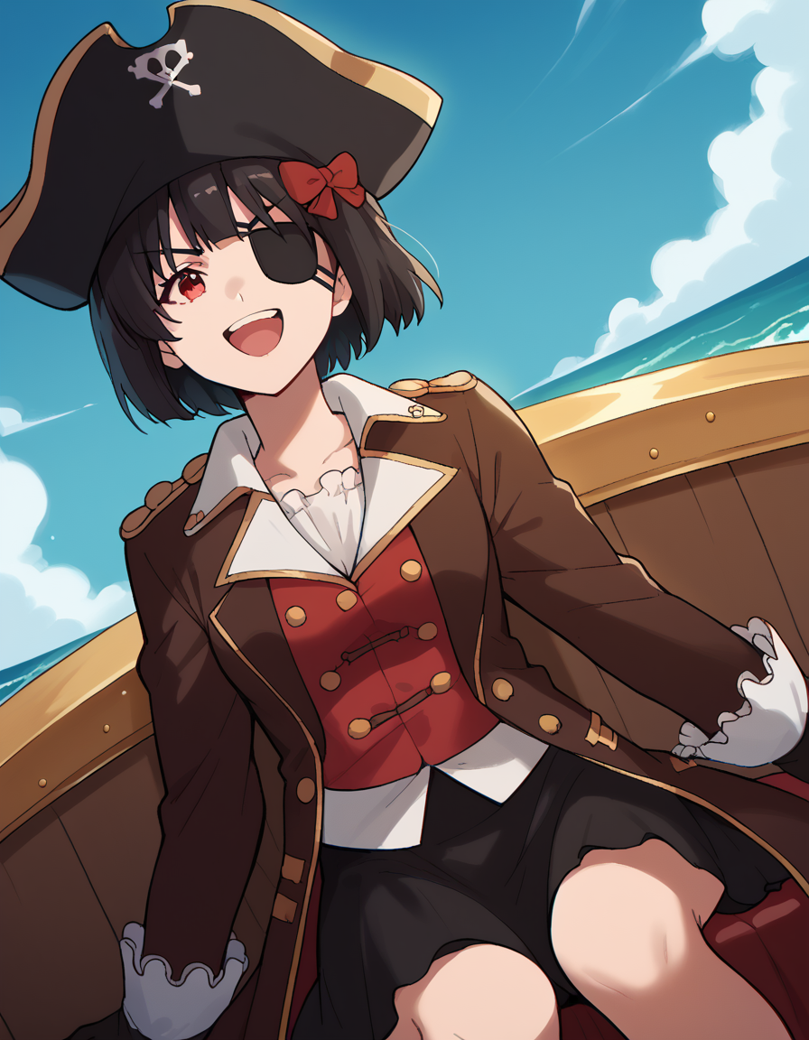 score_9, score_8_up, score_7_up, source_anime, <lora:kanade-hisaishi-movie-ponyxl-lora-nochekaiser:1>, kanade hisaishi, short hair, bangs, black hair, red eyes, bow, hair bow, red bow, medium breasts,, <lora:pirate-costume-ponyxl-lora-nochekaiser:1>, pirate costume, pirate hat, skirt, gloves, jacket, shirt, eyepatch,, blue sky, sea, ocean, pirate ship, treasure, gold, smug, open mouth, from below, sitting,, , dutch angle, cowboy shot