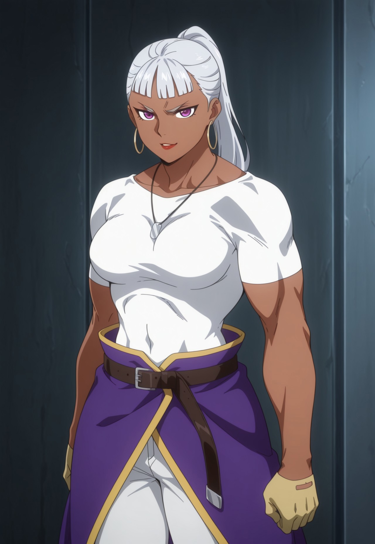masterpiece, best quality, detailed, anime, cowboy shot, parted lips, small smirk, 1girl, solo, Drsala, dark-skinned female, white hair, bangs, ponytail, purple eyes, muscular female, breasts, lipstick, shirt, waist cape, pants, gloves, hoop earrings, necklace,