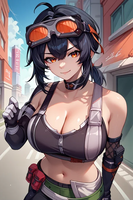 score_9, score_8_up, score_7_up, score_6_up, source_anime, 1girl, solo, <lora:zzzgrace-pdxl-nvwls-v1-000006:1> zzzGrace, black hair, ahoge, short ponytail, goggles on head, black crop top, cleavage, sleeveless, detached sleeves, asymmetrical gloves, belt, black pants, looking at you, smirk, blue sky, city, large breasts, shiny skin, upper body