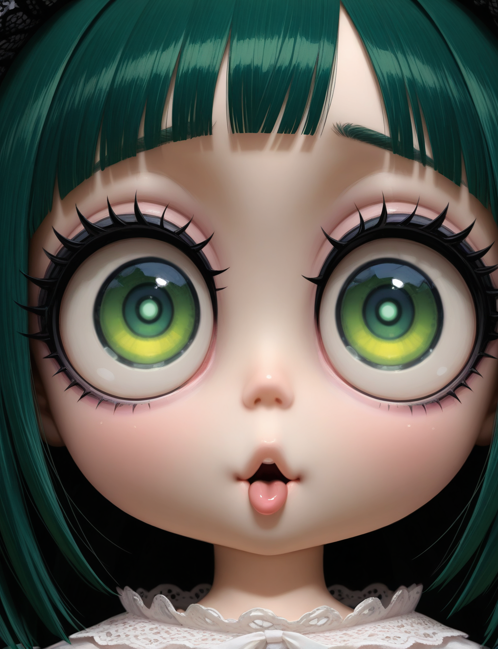 masterpiece,best quality,higres illustration,detailed face,<lora:creepydoll_IL:1>,doll,face focus,huge eyes,green hair,bangs,ahegao,