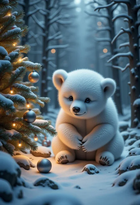 White bear under the Christmas tree, in the snow, Christmas atmosphere, ultra realistic, high quality, masterpiece, extremely detailed, hd, high_detailed, captured in high detail, bo-christmas