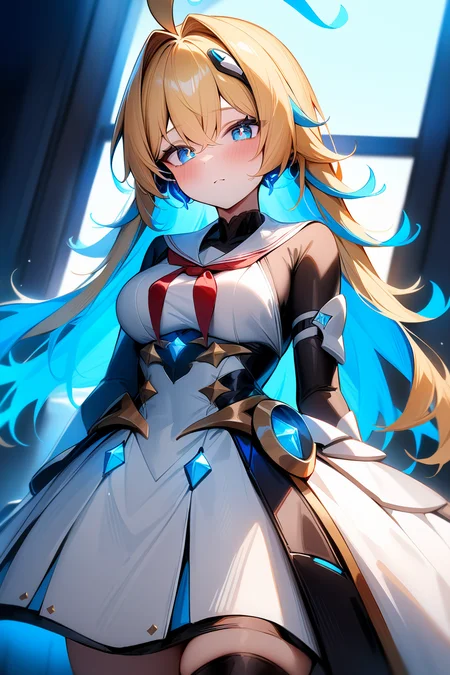 <lora:llmy>,1girl,blonde hair,streaked hair,blue hair,blue eyes,dress,ahoge,, masterpiece, best quality, very aesthetic, absurdres