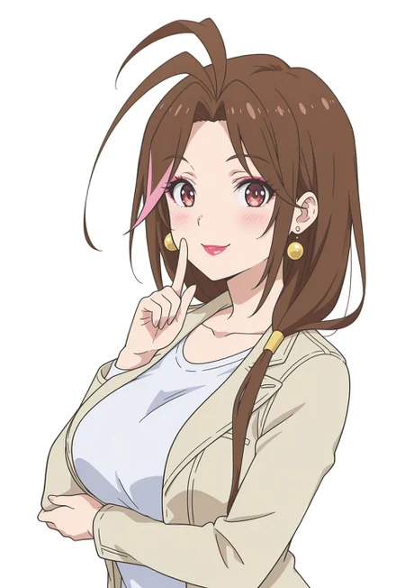 myoujouakeno, 1girl, brown hair, long hair, streaked hair, pink streaked hair, antenna hair, jewelry, earrings, makeup, lipstick, collarbone, beige jacket, white shirt, anime screencap, big breasts,
masterpiece, best quality, high resolution,
(white background), smile, blush, looking at viewer, shushing, arm under breasts, upper body,
3/4 view from side,