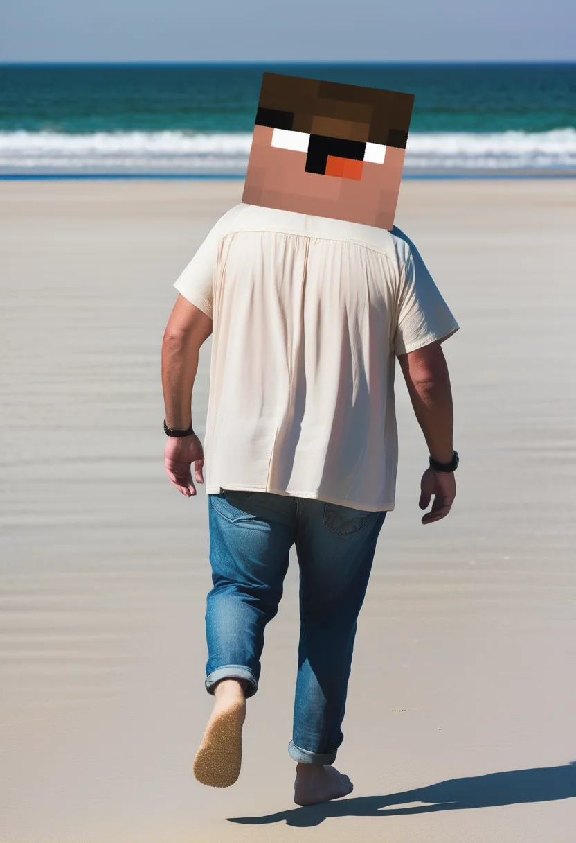 close up of a man walking on a beach, square head<lora:sendnoobs-sdxl-adam-e:1>