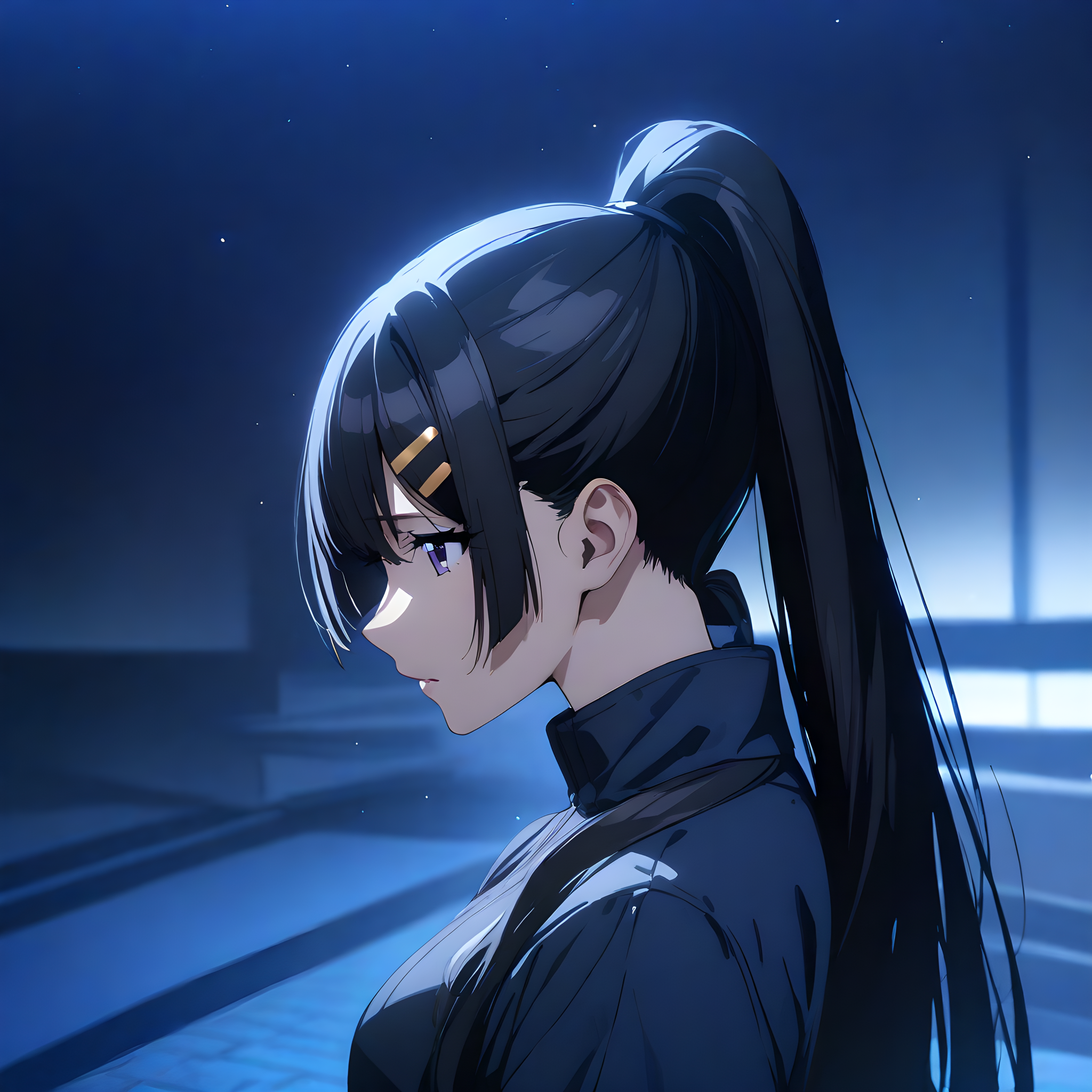 (masterpiece),(best quality),(ultra-detailed),(best illustration),(best shadow),(absurdres),(detailed background),(very aesthetic),otonashi_hibiki, night, blue theme, purple eyes, sky, solo, 1girl, black hair, night sky, hair ornament, hairclip, long hair, ponytail<lora:XL-OtonashiHibiki:1>