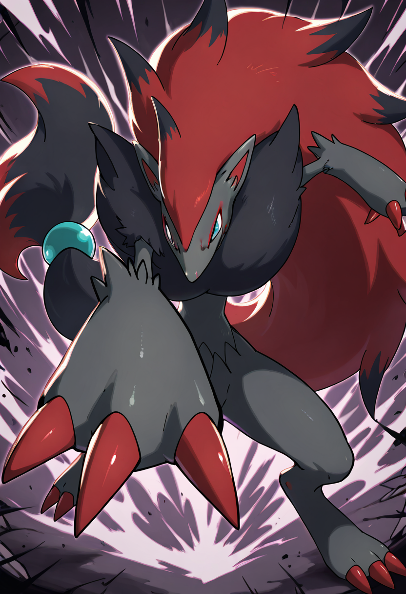 masterpiece, best quality, no humans,    zzZoroark, incoming attack, foreshortening, claws,   <lora:ZoroarkPokedex_IXL_v1:1.0>,