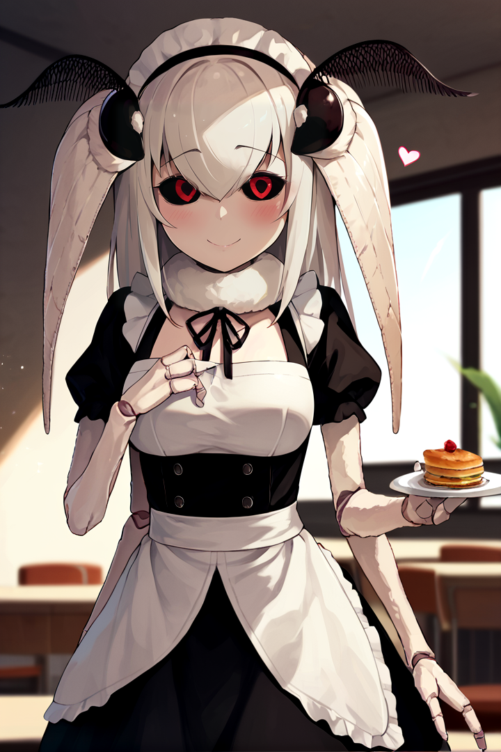 score_9, score_8_up, score_7_up, score_6_up, score_5_up, score_4_up, source_anime, mashiro, cowboy shot, bedroom eyes, red eyes, black sclera, 3 fingers, 4 arms, joints,
white hair, ((long hair)), maid, puffy short sleeves,
BREAK cafe, light rays, subsurface scattering, blush, happy, <3,
<lora:mashiro:1>