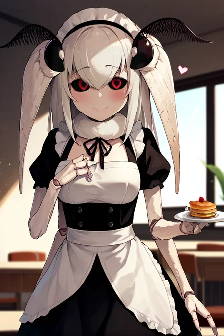 score_9, score_8_up, score_7_up, score_6_up, score_5_up, score_4_up, source_anime, mashiro, cowboy shot, bedroom eyes, red eyes, black sclera, 3 fingers, 4 arms, joints,
white hair, ((long hair)), maid, puffy short sleeves,
BREAK cafe, light rays, subsurface scattering, blush, happy, <3,
<lora:mashiro:1>