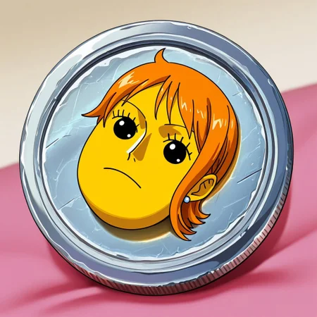 masterpiece, best quality, newest, absurdres, highres, anime, anime style, TheC0in-silver, silver, silver coin, coin, TheC0in,
1girl, Nami \(one piece\),
made of silver, objectification,