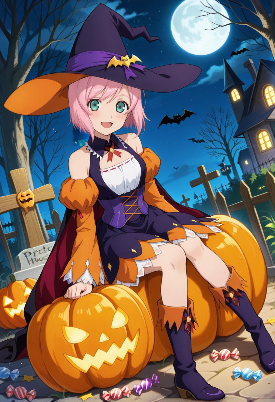 detailed eyes, beautiful, detailed background, perfect eyes,
source_anime, very aesthetic, anime coloring, masterpiece, official art,
<lora:HandFineTuning_XL:1>
BREAK,
night, Halloween, haunted house, outdoor, grave, candies,
sitting, dynamic angle, full body, open smile, blush,
BREAK,
<lora:estelleX_illustriousXL_v03:0.9>
estellernd, estellehlw, pink hair, short hair, green eyes, bangs, 
witch hat, 
bare shoulders, orange detached sleeves, purple dress, breast cutout, halloween costume,
purple footwear,