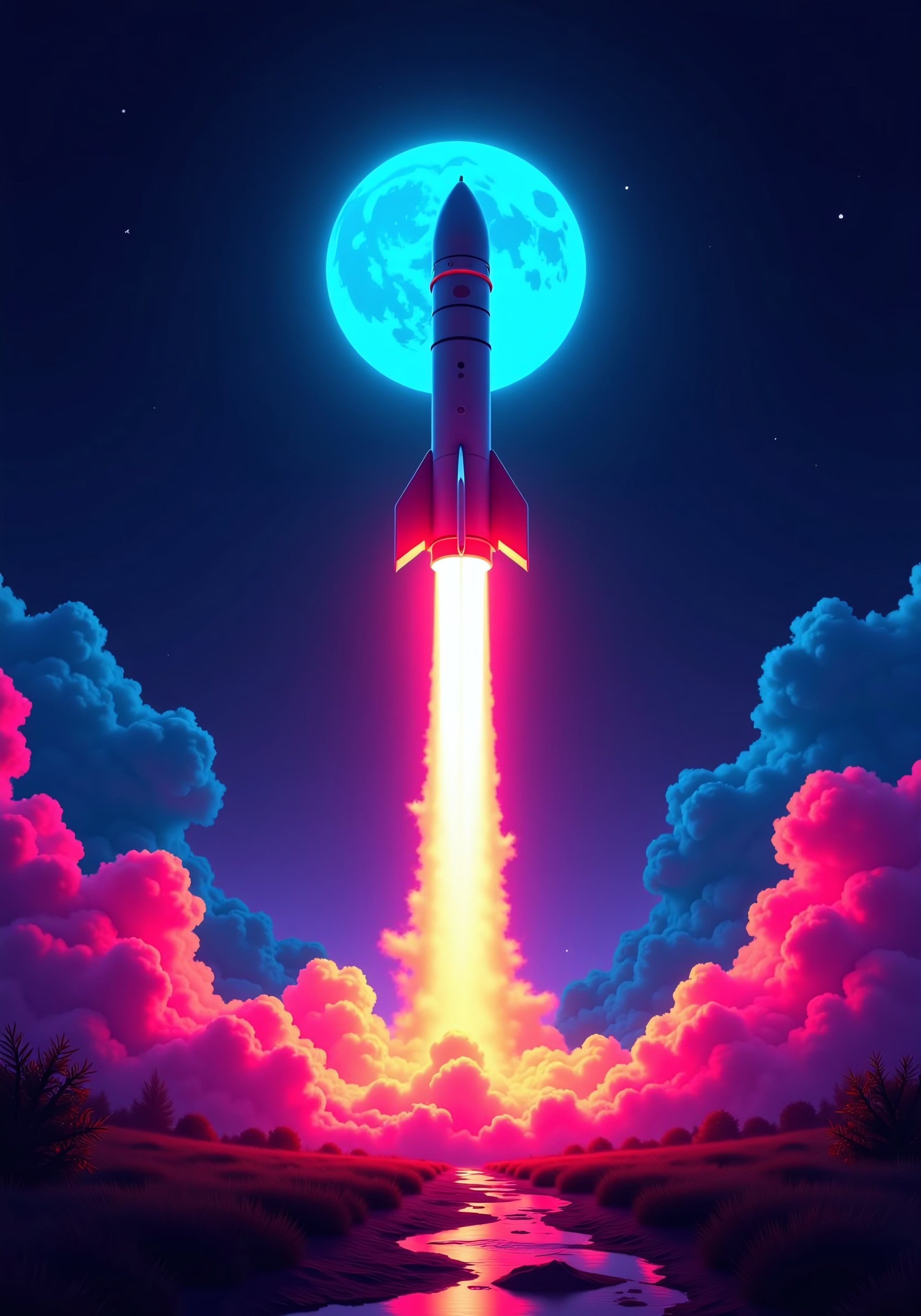 aidmaimageupgrader, they glow at night, born of science, a high quality digital synthwave style image of a rocket taking off, we see the rocket from medium distance, the rocket is bright and vibrant, the exhaust flame is a mix or neon orange and neon pink in a synthwave style, they glow at night, the moon is a vibrant neon cyan