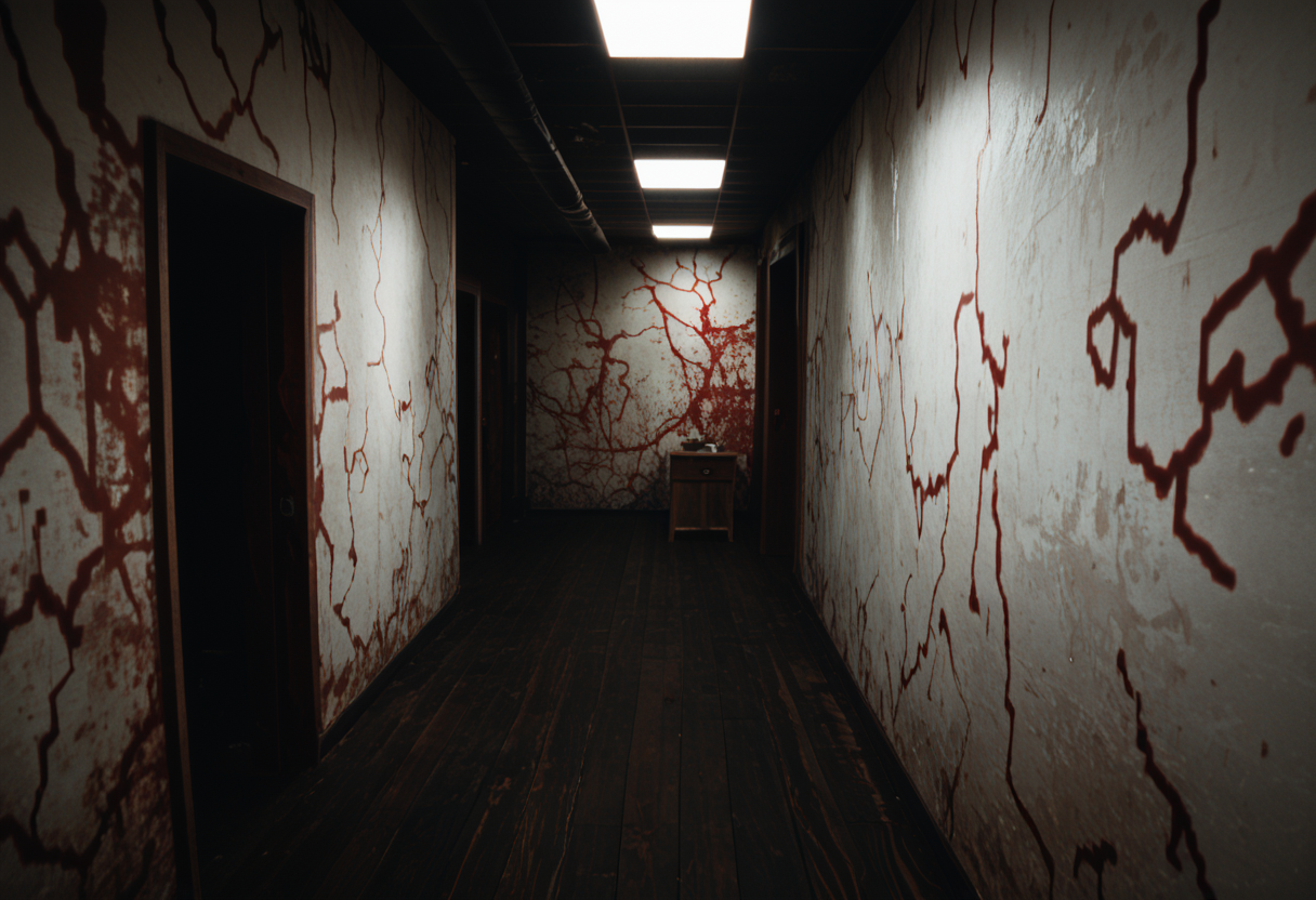 score_9, score_8_up, score_7_up,  <lora:SH3_BG_Bleeding_Walls:1> bleeding walls,  blood, dark, indoors,  <lora:background_liminalspaces_ponyXL:0.7> no humans, scenery, realistic, liminalspace, backrooms, wood floor