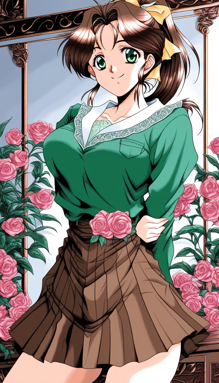 score_9, score_8_up, score_7_up, source_anime, rating_explicit, BREAK <lora:Ymazaki_chika_XL:1> Ymazaki_chika, brown hair, long hair, high ponytail, sidelocks, green eyes, 1990s (style), large breasts, Yellow ribbon, flower, hair ribbon, hair flower, pink roseã
1girl, solo, smile, rose, looking at viewer, arms behind back, skirt, pink bow, bow, shirt, green shirt, long sleeves, brown skirt, hair ornament, cowboy shot, dress, plant, pleated skirt, arm behind back, pink rose, red rose, indoors, kino makoto, pink flower, closed mouth, bangs, standing, red flower