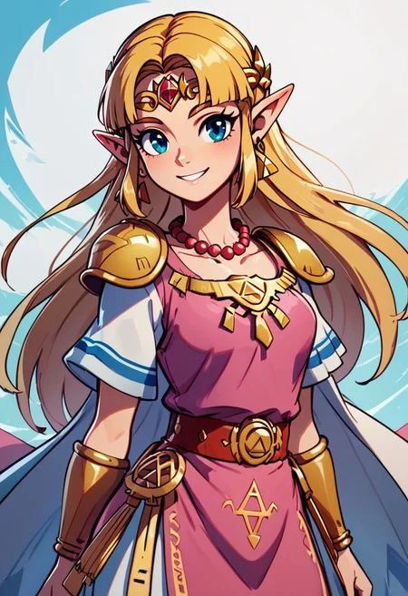 score_9, score_8, (curvy), cute, eyelashes,       
BREAK,
zzUZelda, blonde hair, jewelry, dress, pink tabard, triforce, circlet, armor, earrings, necklace, shoulder armor, tiara,
,BREAK,
smile, looking at viewer, cowboy shot, zPDXL, Expressiveh,