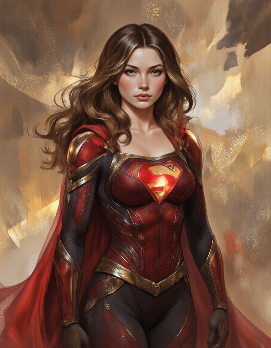 <lora:chizhic:1>, This is a highly detailed digital painting of a superheroine cat, likely inspired by the character Supergirl. The artwork features a young catwoman with long, wavy brown hair that flows freely around her shoulders. Her skin tone is light, and she has a strong, confident expression with a slight hint of determination. She is dressed in a form-fitting suit that combines elements of armor and a superhero uniform. The suit is predominantly red and dark gray with gold accents, featuring a prominent "S" emblem on her chest, which is illuminated with a vibrant red hue. The suit is adorned with intricate, metallic details, giving it a futuristic and armored appearance. A flowing red cape, also intricately detailed with gold threads, trails behind her, adding to the sense of power and majesty., 
The background is a textured blend of warm, earthy tones, primarily brown and beige, with splashes of golden highlights, creating a dynamic and vibrant backdrop that contrasts with the subject. The lighting is carefully placed to highlight her features and the metallic textures of her suit, casting soft shadows that enhance the realism and depth of the image. The overall style is highly realistic with a slight emphasis on hyper-realism, making the artwork visually striking and immersive.