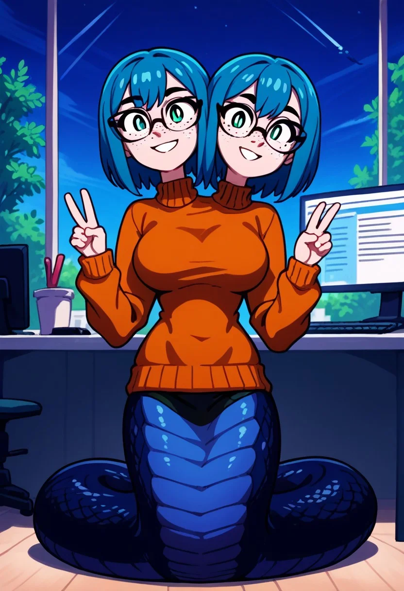 score_9_up, score_8_up, score_7_up, source_anime, blue hair, short hair, glasses, orange sweater, shorter female <lora:Mina_Beff:1>, double v sign, kneeling, office girl, monster girl with twoheads, medium hair, freckles, 2heads, extra arms, serpentine, outdoors, in a cubicle, office, stationery, trees, black scales, computer, <lora:lowlight:.5>, night, Lam1a:2, scales, snake tail, lamia, (((black snake)))