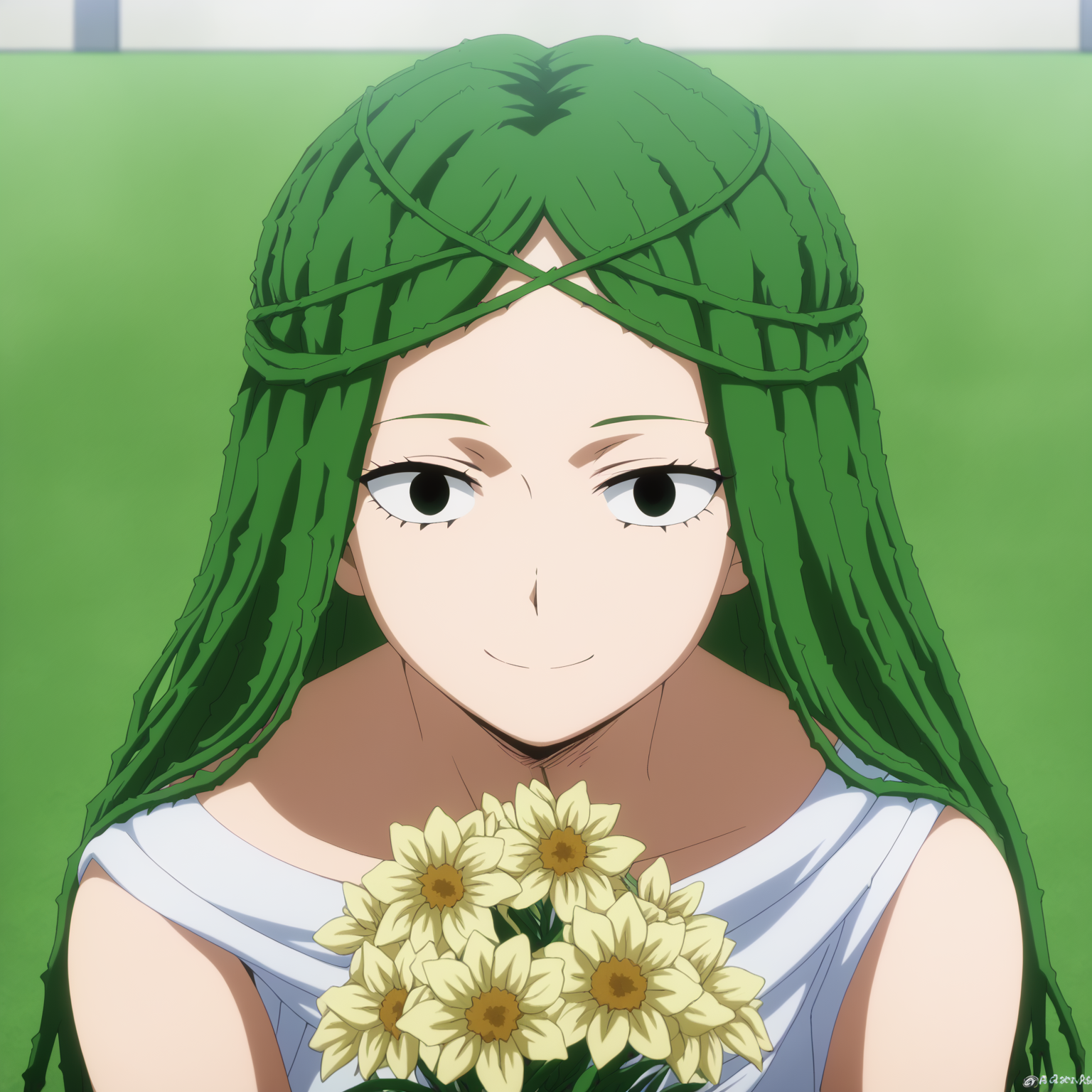 <lora:SlimesIbara-000007:1>, slimes_ibara, woman, solo, green hair, holding flowers, straight on POV, smile, garden background