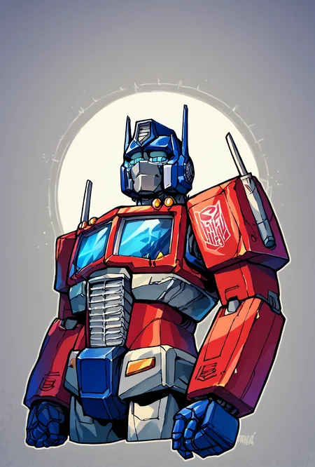 score_9, score_8_up, score_7_up,, good quality ,, character focus, solo, , best quality <lora:optimus-06:1> optimus, robot, mecha, autobot, solo, cowboy shot, upper body, , <lora:Krooked_Glasses_style_Lora_Pony:1>, (thick outline)