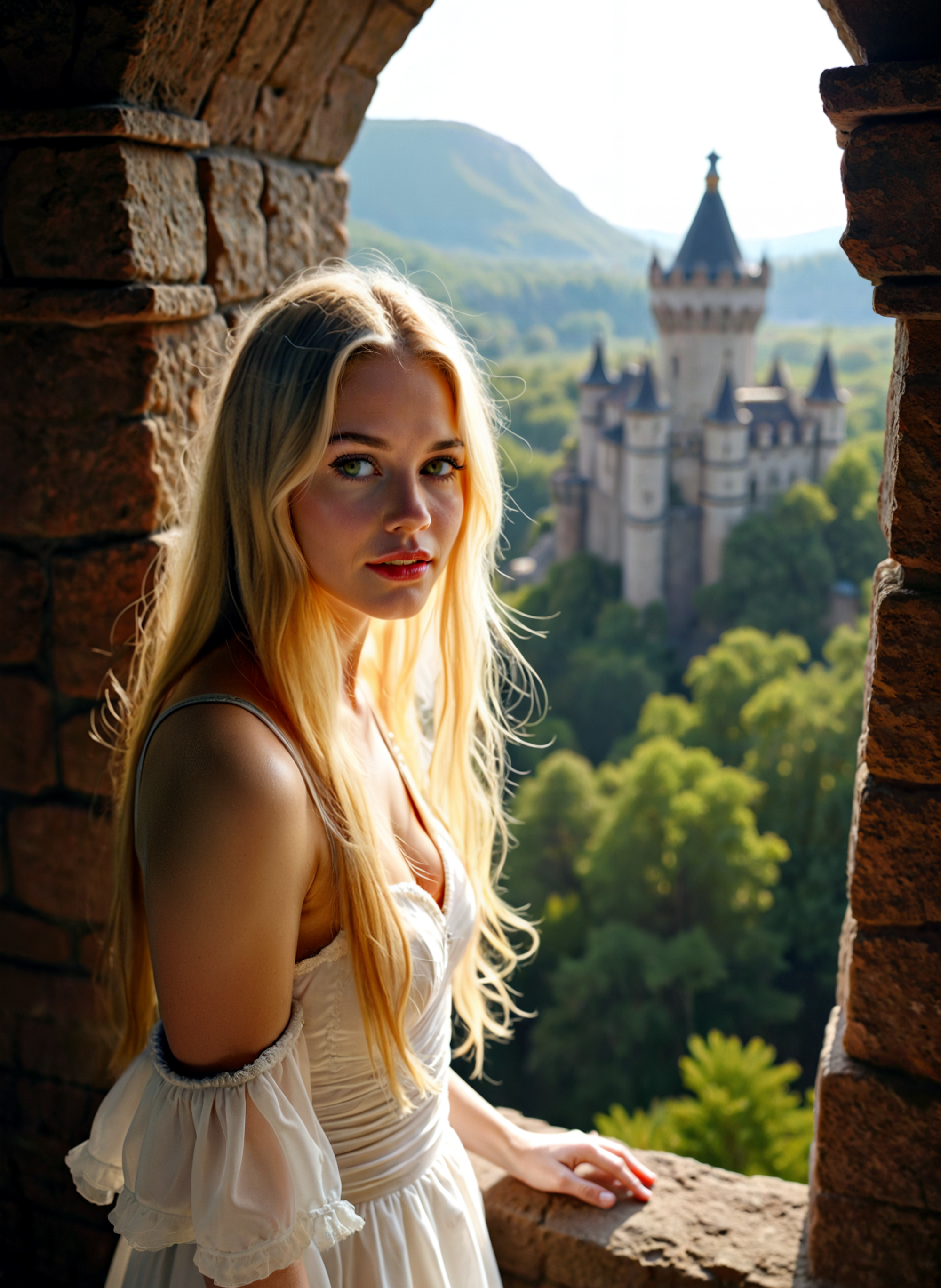 Photograph of a young woman with long blonde hair. She is standing in front of a stone wall with an archway, looking out at the horizon. The woman is wearing a white dress with a plunging neckline and her hair is styled in loose waves. She has a serious expression on her face and is looking directly at the camera. The background is blurred, but it appears to be a beautiful landscape with trees and mountains. The lighting is soft and warm, creating a dreamy atmosphere. <lora:add-detail-xl:.5>  <lora:Flux-style-xl-lora:.5>