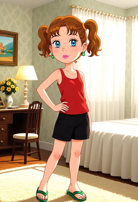 (masterpiece)+, 8k, best quality, ultra-detailed, (high res), cinematic lighting, beautiful lighting, high quality, studio quality, detailed, insanely detailed, extreme detail, refined detail, perfect detail, max detail, smooth lighting, detailed background, hyper detailed body, beautiful lighting, vibrant lighting, global illumination, absurdres, high-res, dynamic lighting, score_9, score_8_up, score_7_up, score_6_up, score_5_up, score_4_up, solo, 1girl, Dodie_atbg. shorthair, Bob cup hair, brown hair, blue eyes, earrings,indoors, mouth closed, Full body, barefoot, Red tank top black shorts, green sandals, mother dodie bishop, dodie bishop daughters, twins sisters, multiple girls, 2girls, Brown hair, twins, siblings, blue eyes, twintails, braid, sisters, young girl shorthair, chair, short stack, living room background, Perfect Hands, one hand one hip, Expressiveh, solo focus, cowboy shot, standing, zPDXL, looking at viewer, small waist, slim beach background,