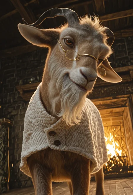 dillamond_wool_wicked, 1boy, male goat, furry, feral, brown and white fur, short twisted black horns, goat ears, messy white hair, yellow goat eyes, white beard, light brown tail, brown and white legs, black hooves, golden glasses, white wool top,
score_9_up, score_8_up, score_7_up, BREAK, solo, looking at viewer, cute, smirk, from below, head tilt, ultra detailed, detailed background, masterpiece, best quality, 8k, Expressiveh, realistic, 3d, fireplace, wooden cottage,