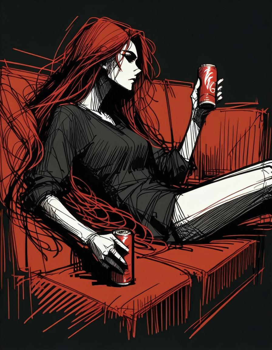 score_9, score_8_up, score_7_up,   <lora:Navi_WrathStrokes_PonyXL_S1:1.2> , red sketch, black background, black theme, monochrome,   1girl,    very long hair, ,  , , solo, looking at viewer, looking to the side,   lying on couch,  on back , arm dangle, from side, holding can,