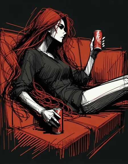 score_9, score_8_up, score_7_up, <lora:Navi_WrathStrokes_PonyXL_S1:1.2> , red sketch, black background, black theme, monochrome, 1girl, very long hair, , , , solo, looking at viewer, looking to the side, lying on couch, on back , arm dangle, from side, holding can,