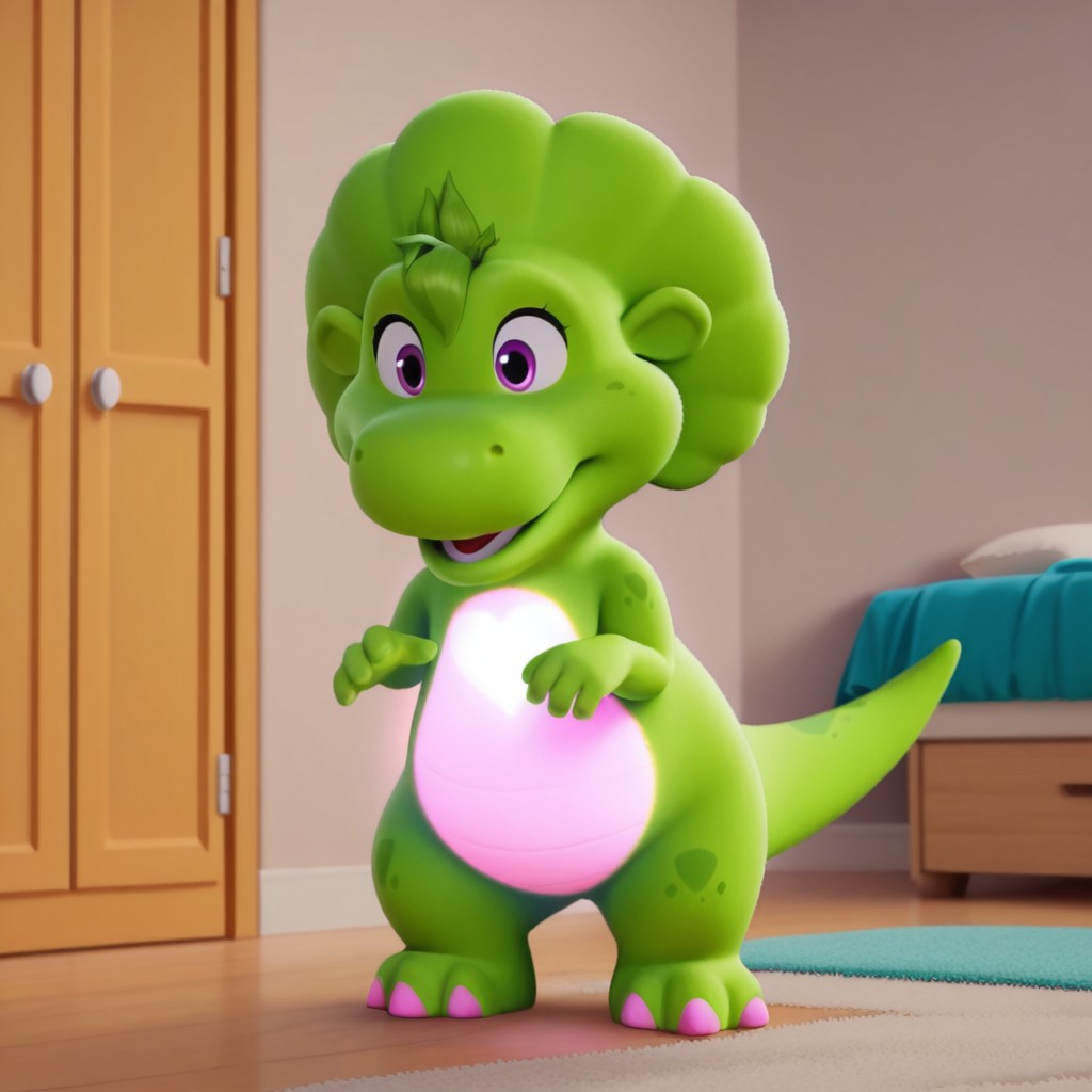 ((masterpiece, best quality, amazing quality,))  bopbwil, semi-anthro, female, dinosaur, green skin, green hair tuft, purple eyes, solo, inside, full body, glowing heart