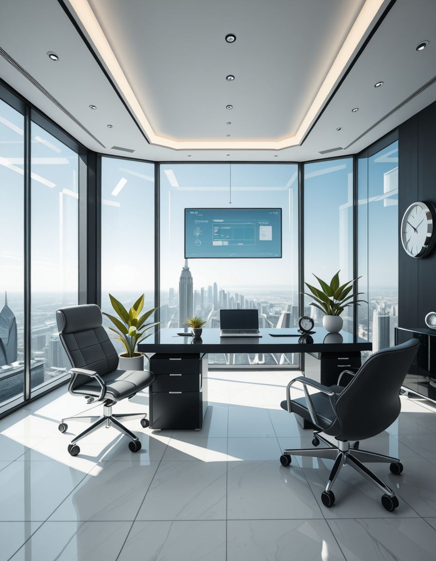 A modern, luxurious executive secretary's office located at the top floor of a futuristic skyscraper. The office has floor-to-ceiling glass walls offering a breathtaking panoramic view of a bustling metropolis under a clear blue sky. Inside, the design is ultra-minimalist and high-tech, with sleek white furniture, a glossy black desk with an integrated digital interface, and an ergonomic designer chair in matte gray leather. There are a few elegant green plants strategically placed for a touch of nature. A thin holographic screen hovers above the desk, displaying schedules and emails. The lighting is bright but soft, coming from recessed LED strips in the ceiling and natural sunlight pouring in. The atmosphere feels calm, professional, and cutting-edge, reflecting the spirit of a powerful tech company. In the background, a subtle artistic sculpture and a minimalist clock complete the decor.
<lora:SDXLFaeTastic2400:0.4> <lora:extremely_detailed:0.4> extremely detailed,secretary 0ff1c3, <lora:secretary_0ff1c3_r1-i:1>, Masterpiece,best quality,hi res,8k,hi res,8k,award winning,(sharp focus, intricate, highly detailed),