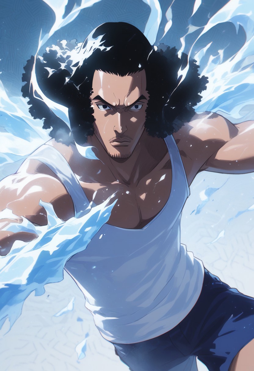 score_9, score_8_up, score_7_up, source_anime, rating_safe, white_Kuzan_ice, KuzanOP, black_eyes, (black_Kuzan_hair), black_Kuzan_facial hair, 1boy, male focus, breath, tank top, shorts, magic, superhero, spread arms, cropped legs, two-toned simple patterned background, epic wallpaper, dutch angle,