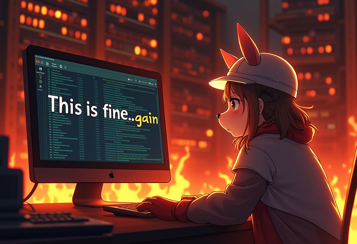 big text speach "This is fine... again". text speach "This is fine... again", illustration, anime dog-girl seat on table in room in fire. burning servers background. . masterpice. Multiple servers. tube computer burn. girl in worker helmet. cloak. mittens. korone chan. error on monitor screen