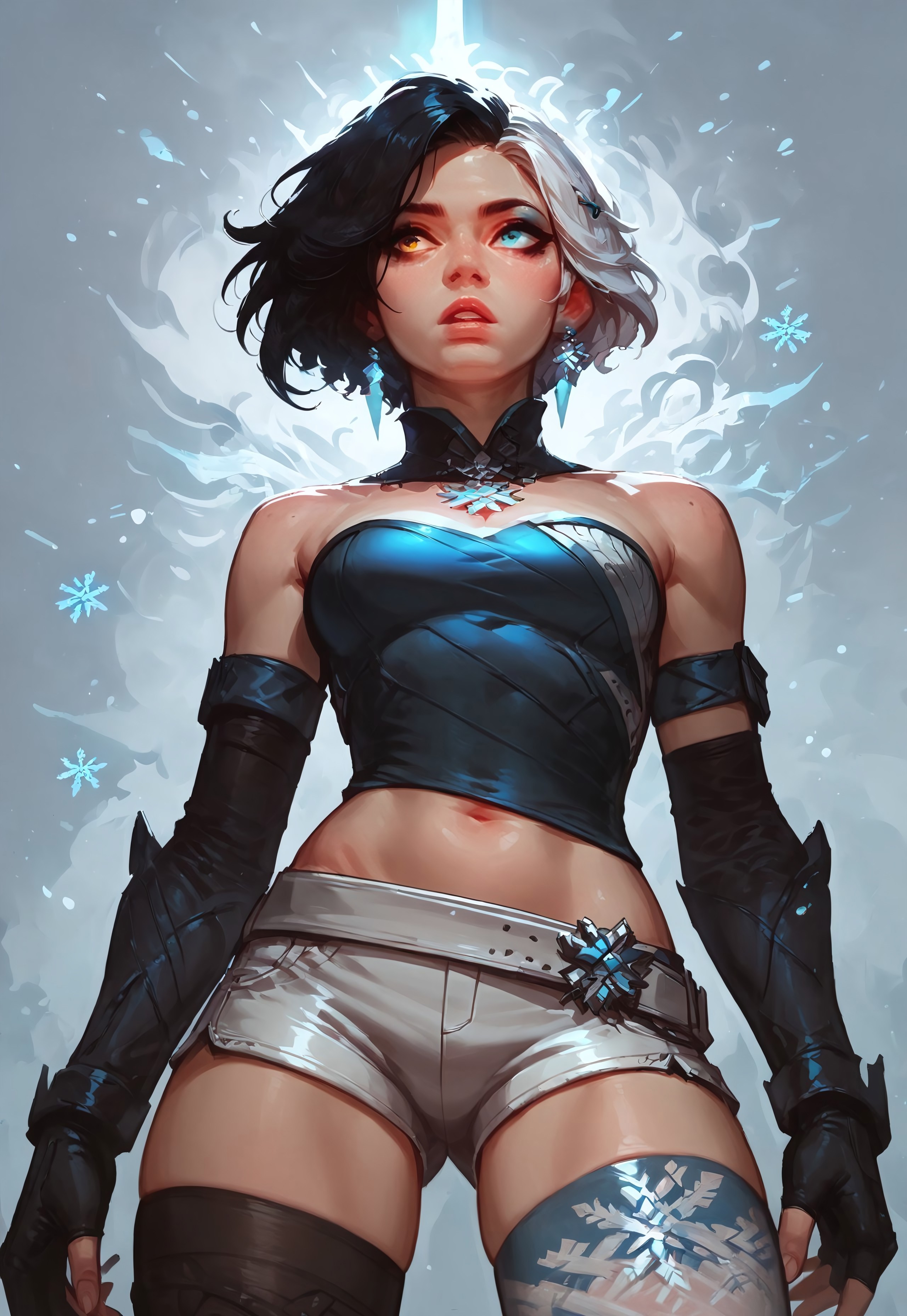 score_9, score_8_up, score_7_up, glowing, solo, 1girl, rimlight, lunasnow, korean, heterochromia, blue eyes, brown eyes, short hair, black hair, two-tone hair, white hair, strapless, white shorts, thighhighs, gloves, fingerless gloves, makeup, slim fit, legs, legs apart, wide hips, midriff, posing, snow magic, snowflake, looking away, parted lips, low angle, cowboy shot