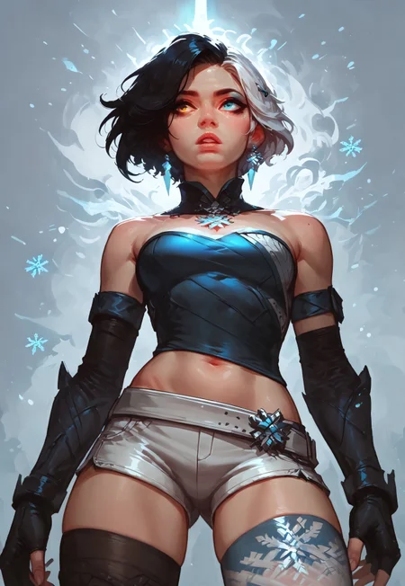 score_9, score_8_up, score_7_up, glowing, solo, 1girl, rimlight, lunasnow, korean, heterochromia, blue eyes, brown eyes, short hair, black hair, two-tone hair, white hair, strapless, white shorts, thighhighs, gloves, fingerless gloves, makeup, slim fit, legs, legs apart, wide hips, midriff, posing, snow magic, snowflake, looking away, parted lips, low angle, cowboy shot