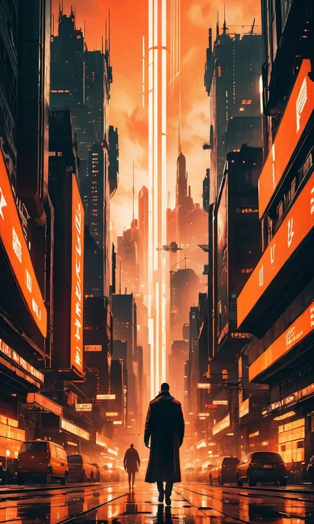 4n1v3rs3, zPDXLrl, illustration in the style of Blade Runner 2049 movie. Ultra wide angle bottom view of a gothic-futuristic city. Monochromatic colors in the shade of orange SimplePositiveXLv2, <lora:add-detail-xl:2>