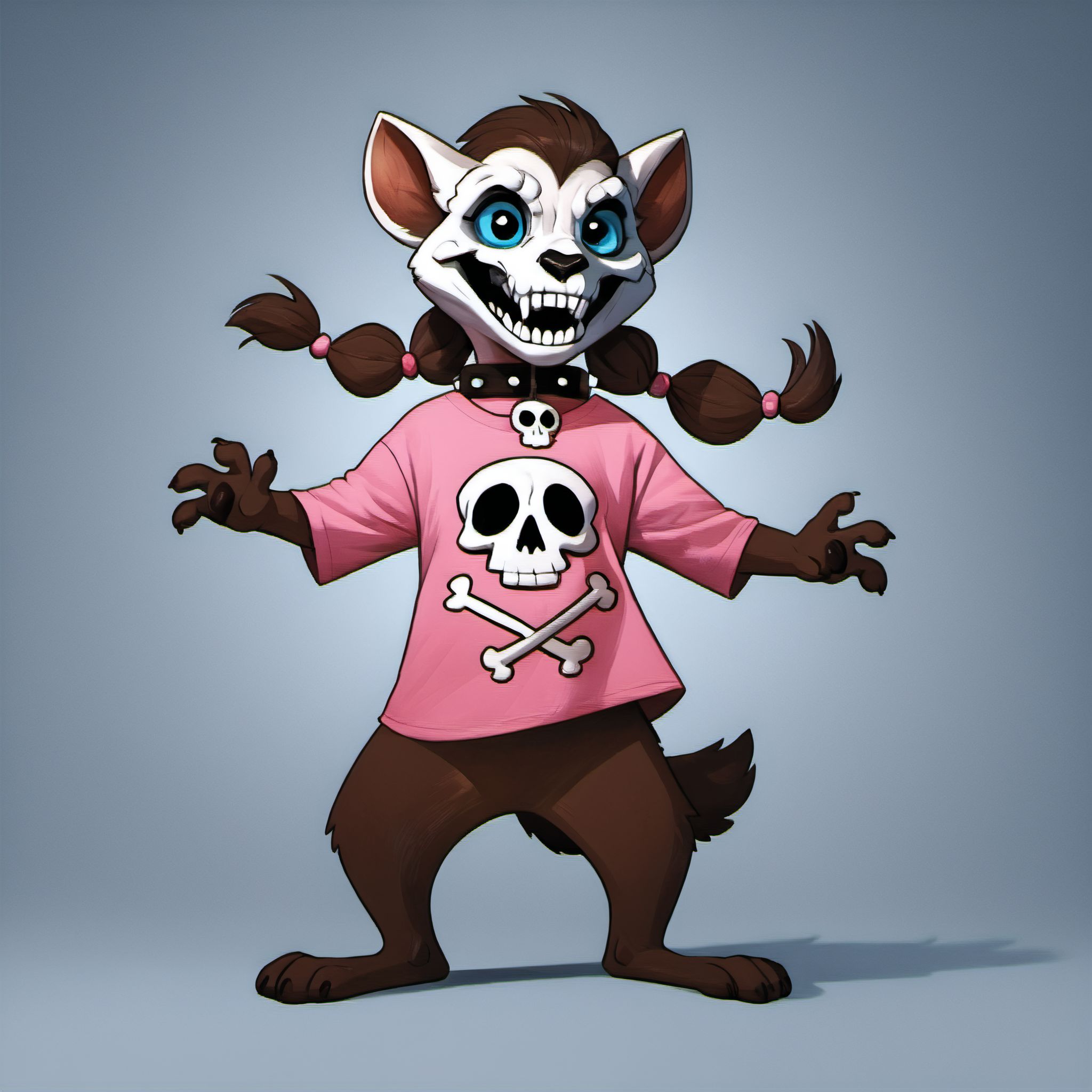 score_9, score_8_up, score_7_up, source_furry, furry, realistic, solo, winniew, 1girl, pigtails, collar, teeth, skull pink shirt, full body, <lora:Winnie_Werewolf_r2:0.8>