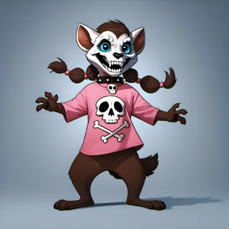score_9, score_8_up, score_7_up, source_furry, furry, realistic, solo, winniew, 1girl, pigtails, collar, teeth, skull pink shirt, full body, <lora:Winnie_Werewolf_r2:0.8>