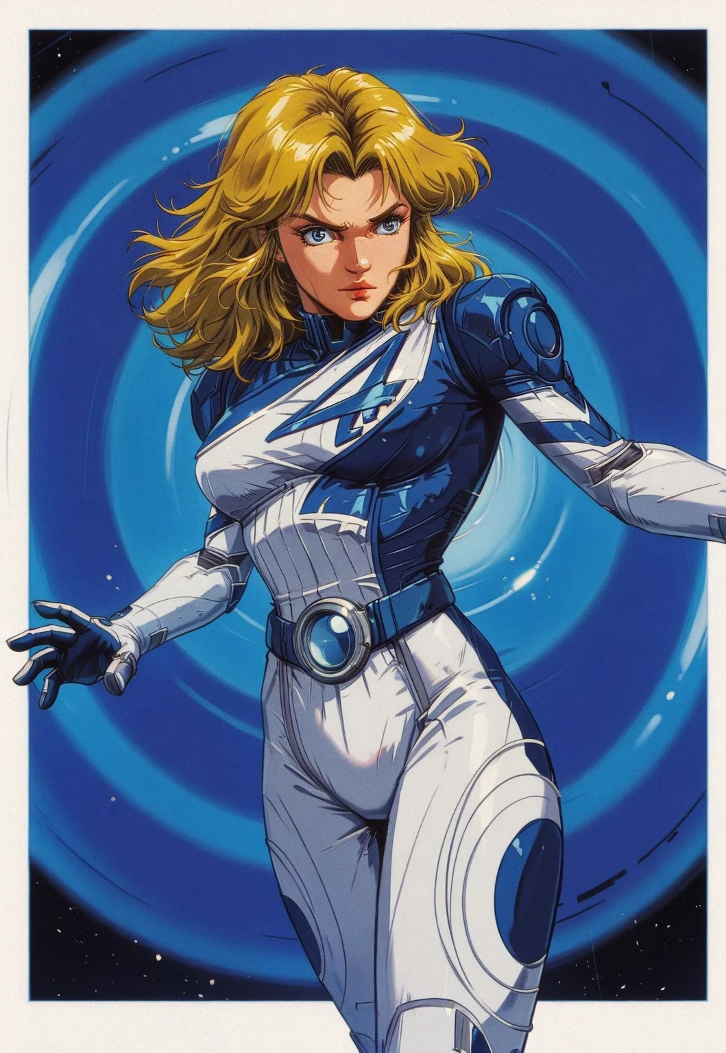 solo, suest0rm, 1girl, susan storm, fantastic four, blonde hair, blue eyes, bodysuit, knva, retro artstyle, dynamic pose, dynamic angle, white border, futuristic,
