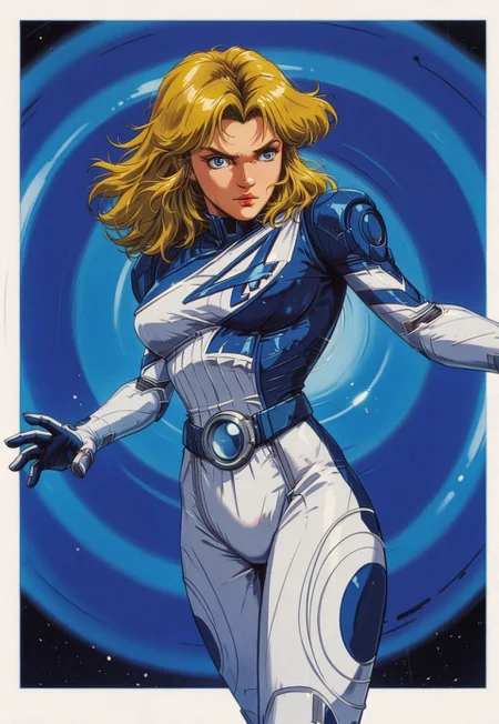 solo, suest0rm, 1girl, susan storm, fantastic four, blonde hair, blue eyes, bodysuit, knva, retro artstyle, dynamic pose, dynamic angle, white border, futuristic,