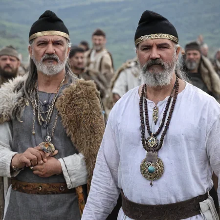 dacian warrior, phrygian cap, long hair, hat, holding, jewelry, grey hair, male focus, earrings, multiple boys, 2boys, necklace, blurry, blurry background, facial hair, ring, beard, realistic, mustache , ImgFixerPre0.3<lora:dacii:1>