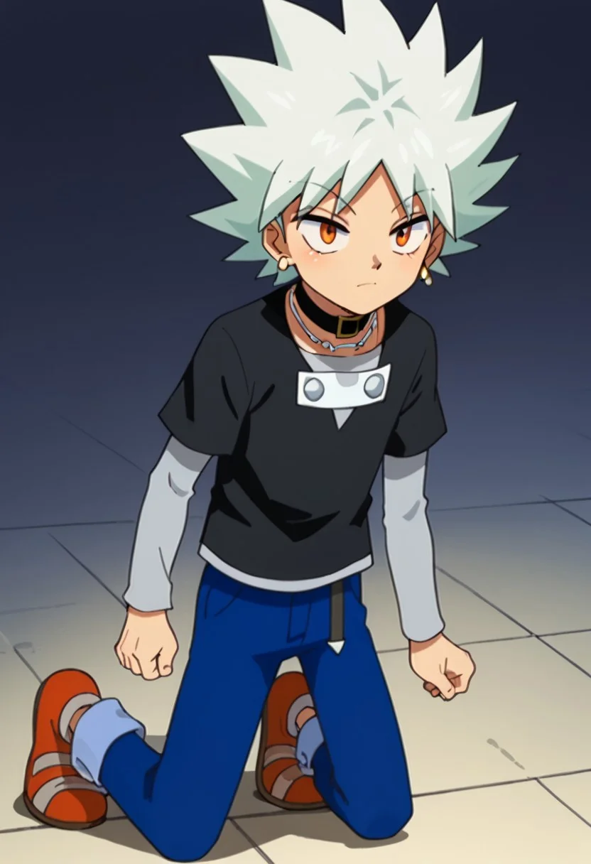 score_9, score_8_up, score_7_up, score_6_up, highly detailed,Good Colors, Glowing Skin, Good Shading, Good Eyes, Contrast Shading, 1boy,cute boy, male focus, solo, slim, 
heppokomaru, white hair, spiky hair, orange eyes, golden earring, choker, silver necklace, black t-shirt, blue pants, orange shoes, 1boy