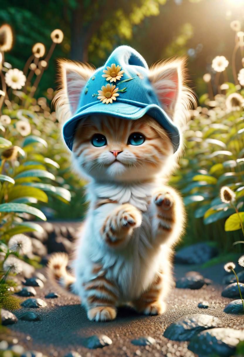 ral-fluff,<lora:ral-fluff:1>,
chibi,masterpiece,best quality,original,official art,metallic kitten,hat,flower,blurry background,rendering,beautiful detailed glow,(detailed ice),beautiful detailed water,sunny, blurred flower, happy,grin