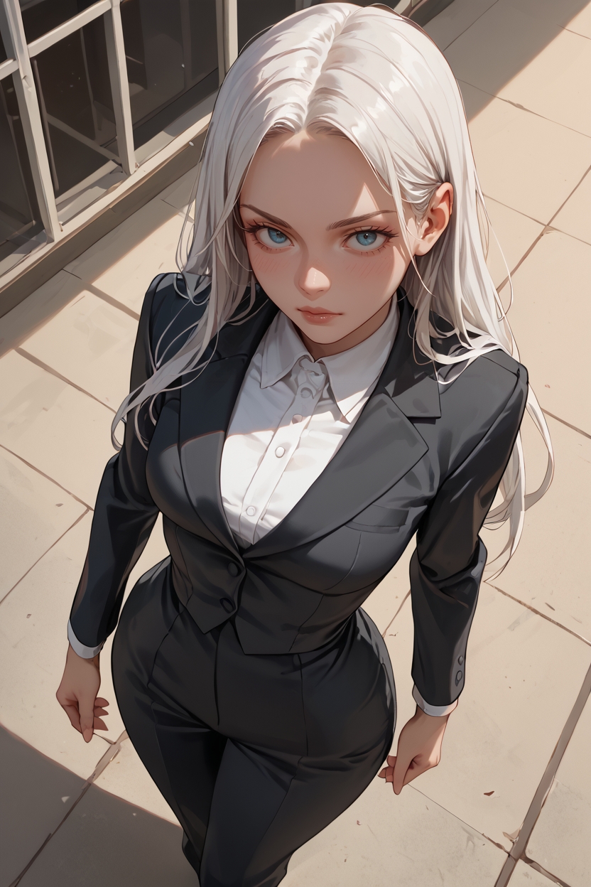 score_9, score_8_up, score_7_up, woman, from above, cowboy shot, suit, narrow waist, medium breasts, white hair, long hair, court <lora:fromabovev11_PONY:1>