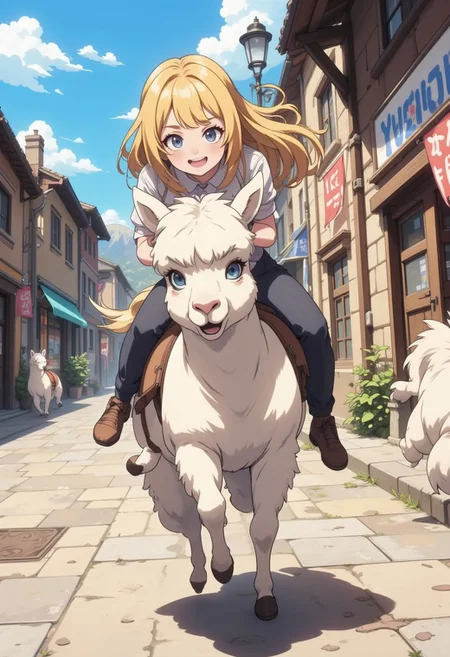 A detailed colorful anime illustration. A young girl with blonde long hair. She is laughing and screaming while ridding an alpaca. The alpaca is running and struggling with an astonished and surprised expression. The alpaca is jumping, sending the girl flying in the air and almost thrown out. It is a sunny day, they are running in a European styled old town. fca_style