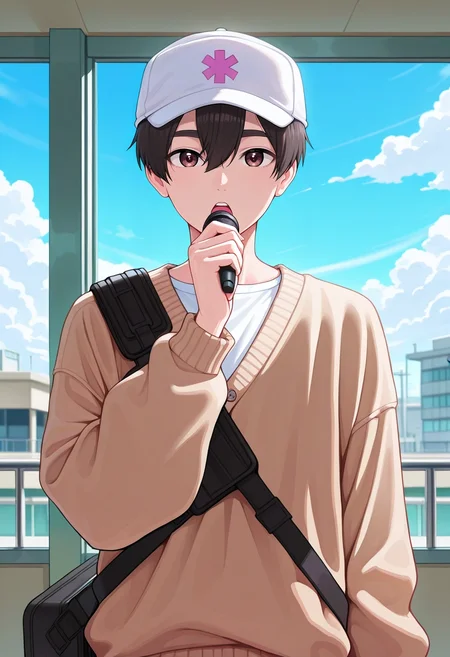 masterpiece, best quality, intricate details, semi-realistic, looking at viewer, 1boy, solo, male focus, <lora:rentarou_aijou_ilxl:0.94>, rentarou_aijou, black hair, brown eyes, short hair, hair between eyes, bangs, upper body, hospital, day, clouds, singing, distracted, aloof, oblivious, Seersucker shorts, Cardigan sweater, Derby shoes, Kufi cap, andPelican Case (protective case)
