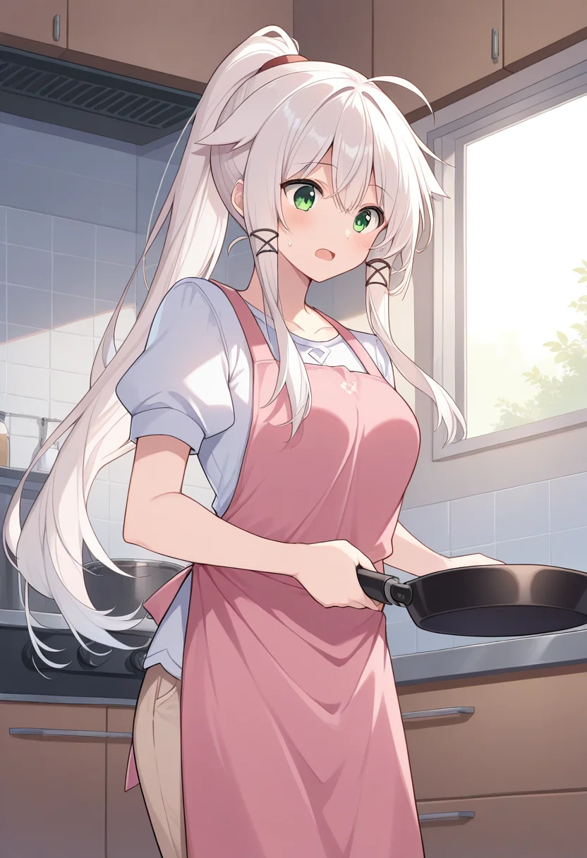 1girl, solo, anceriseshirokami, white hair, long hair, high ponytail, ahoge, hair flaps, sidelocks, hair ornament, green eyes, white shirt, puffy short sleeves, pink apron, beige pants, indoors, kitchen, holding frying pan, open mouth, cowboy shot,