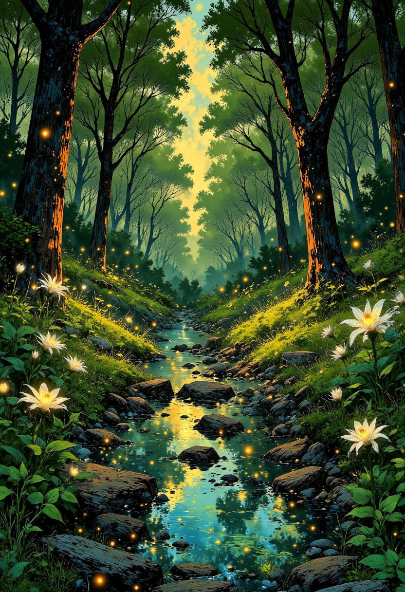 The Silverwood Maze – Ancient Trees & Eternal Spring
"A sprawling labyrinth formed from towering silver-barked trees, their branches entwined to create shifting pathways through a never-ending forest. Golden sunlight filters through the leaves, casting dappled patterns onto the moss-covered ground. Flowers bloom and vanish in soft pulses, revealing hidden trails only when kindness is spoken aloud. Birds with feathers made of soft light flit between the trees, their songs unlocking hidden paths."