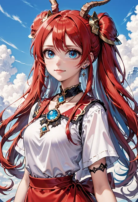 AnidskXL, 1girl, blue eyes, blue sky, brooch, circlet, closed mouth, cloud, day, fake horns, gem, horns, jewelry, lips, long hair, looking at viewer, low twintails, neck ring, outdoors, parted bangs, portrait, red hair, sky, smile, solo, twintails, veil, <lora:AnimeSDXLv2:0.8>