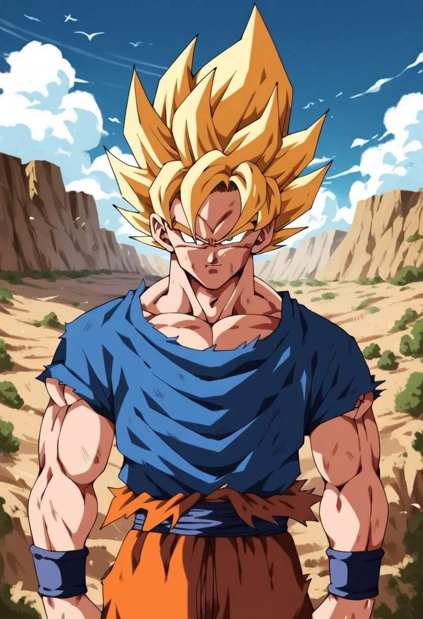 score_9, score_8_up, score_7_up, score_6_up,rating_questionable,portrait,((Solo:1.0)),(Son goku), without a shirt,(super expresive), ultradetailed, masterpiece, best quality, highres, in desert, montains, clouds, trees